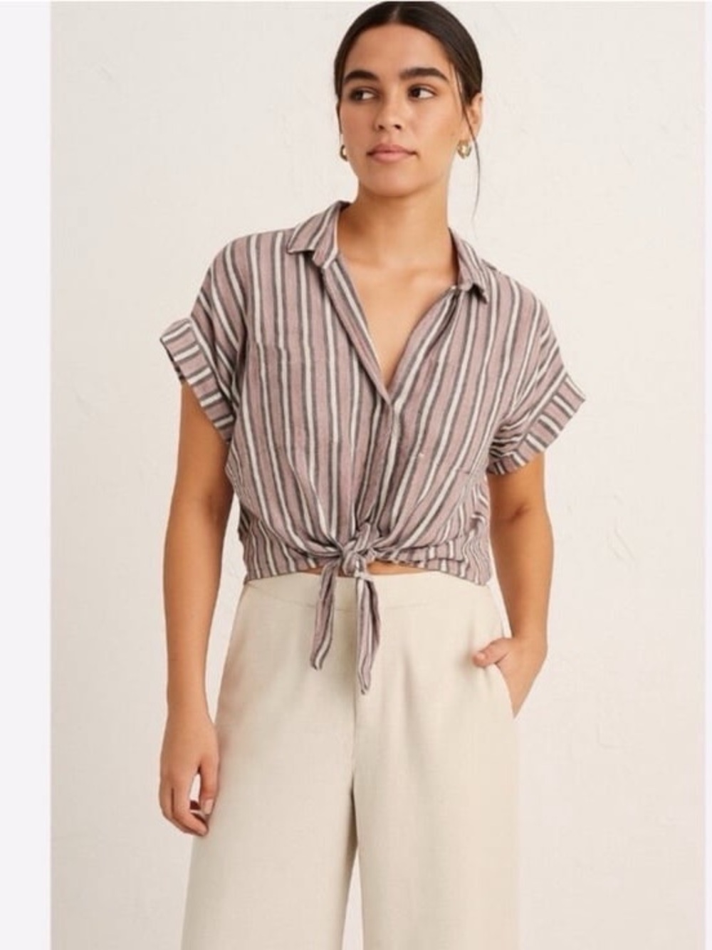cloth & stone Mauve and White Striped Tie-Front Button Down Shirt